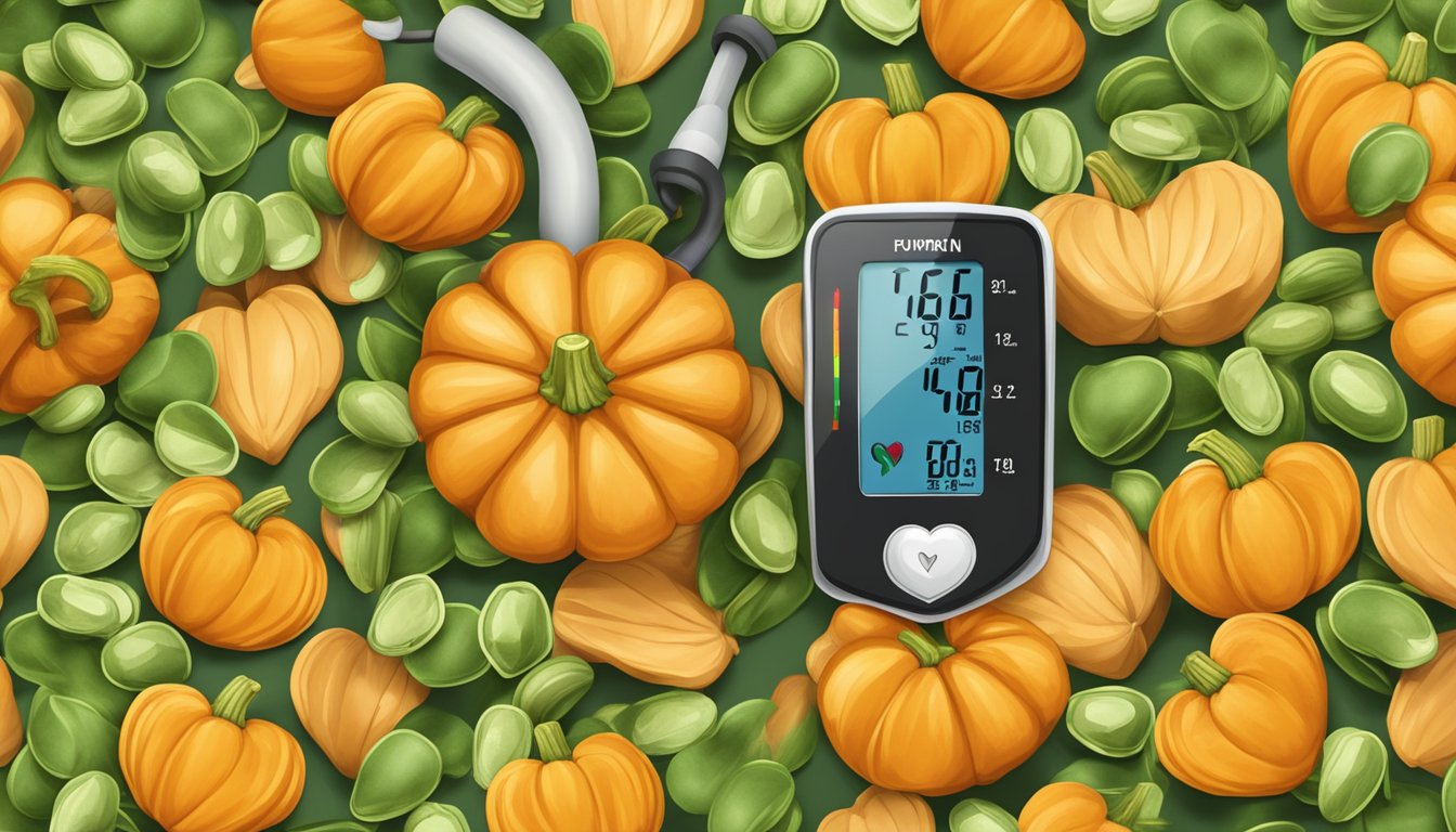 Pumpkin seeds surrounded by blood pressure monitor and heart symbol