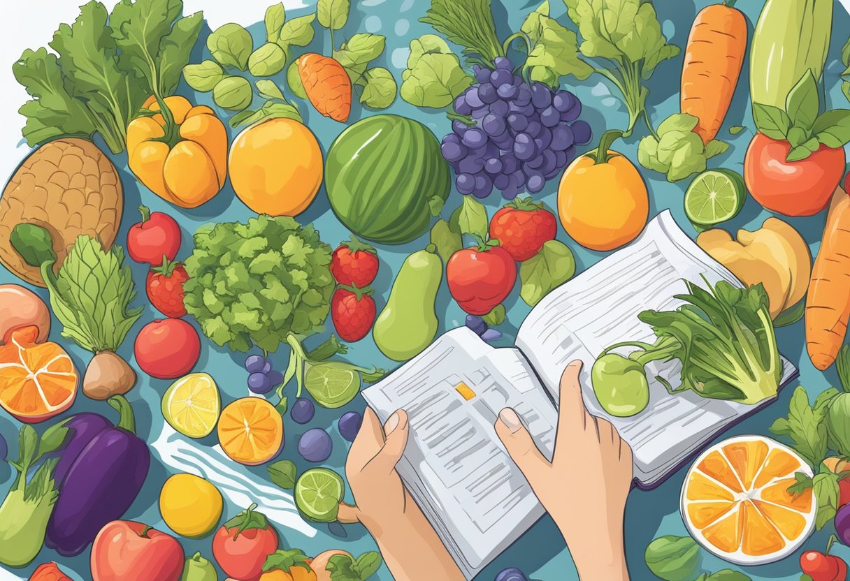 A person surrounded by colorful fruits and vegetables, engaged in physical exercise, reading a book, and solving puzzles