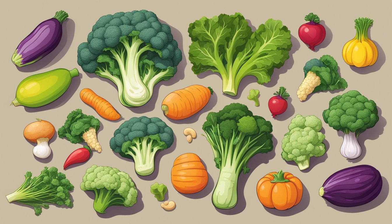 A colorful illustration of a table filled with various cruciferous vegetables, with a thyroid gland in the center surrounded by question marks and caution signs