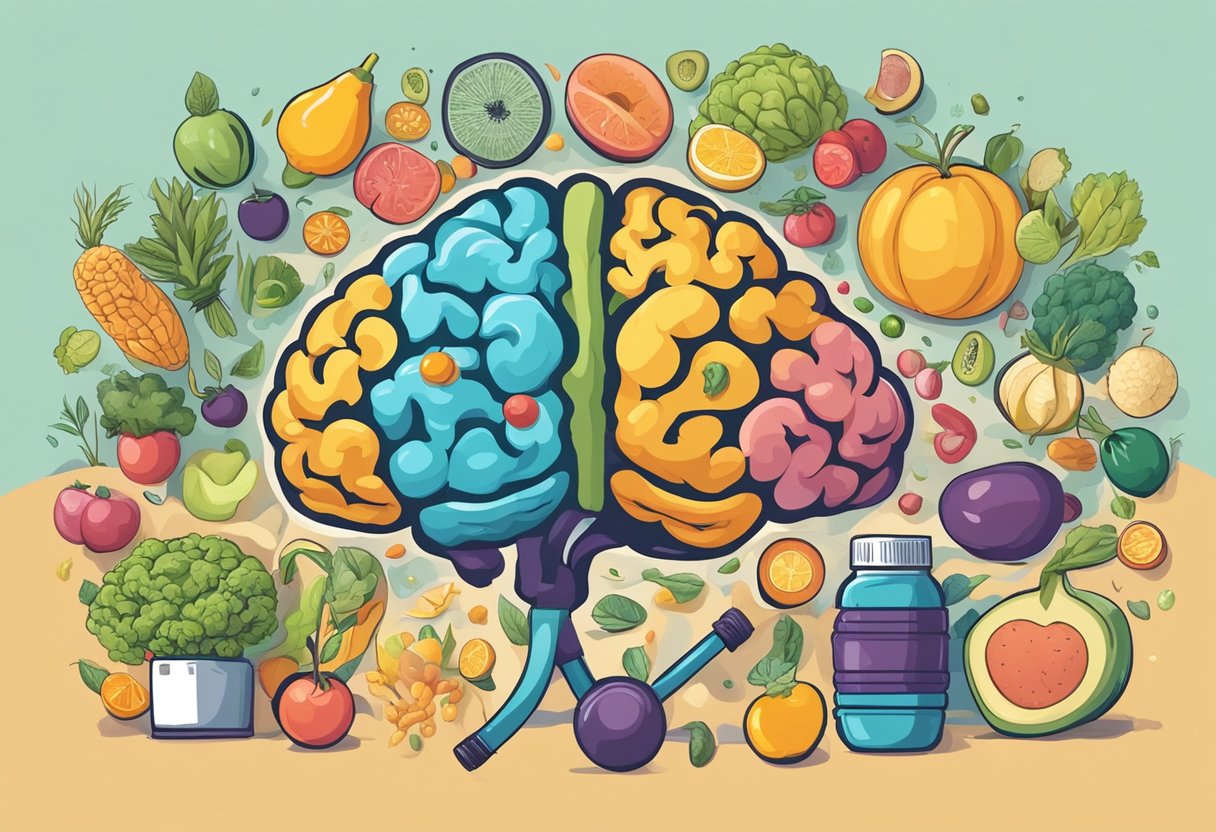 A colorful brain surrounded by various healthy foods and exercise equipment