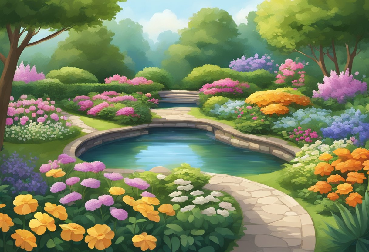 A serene and peaceful garden with colorful flowers, winding paths, and a tranquil pond surrounded by lush greenery