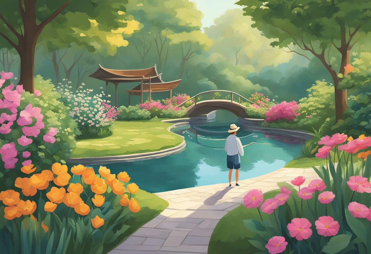 A serene garden with winding paths, vibrant flowers, and a peaceful pond surrounded by lush greenery. A person is seen engaging in various cognitive activities such as reading, puzzles, and meditation