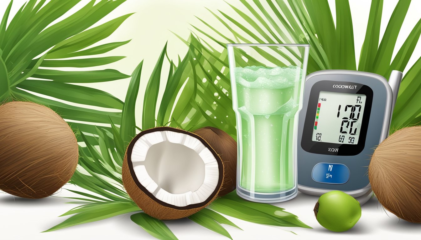 A glass of coconut water surrounded by fresh coconuts and a blood pressure monitor