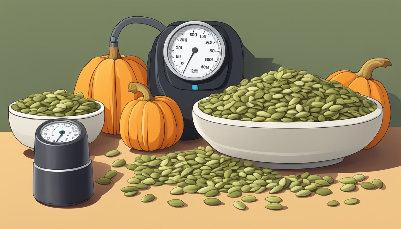 A bowl of pumpkin seeds surrounded by fresh pumpkins and a blood pressure monitor