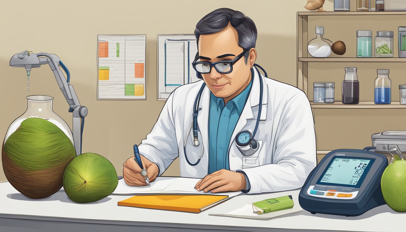 A lab table with a coconut, a blood pressure monitor, and a scientist taking notes