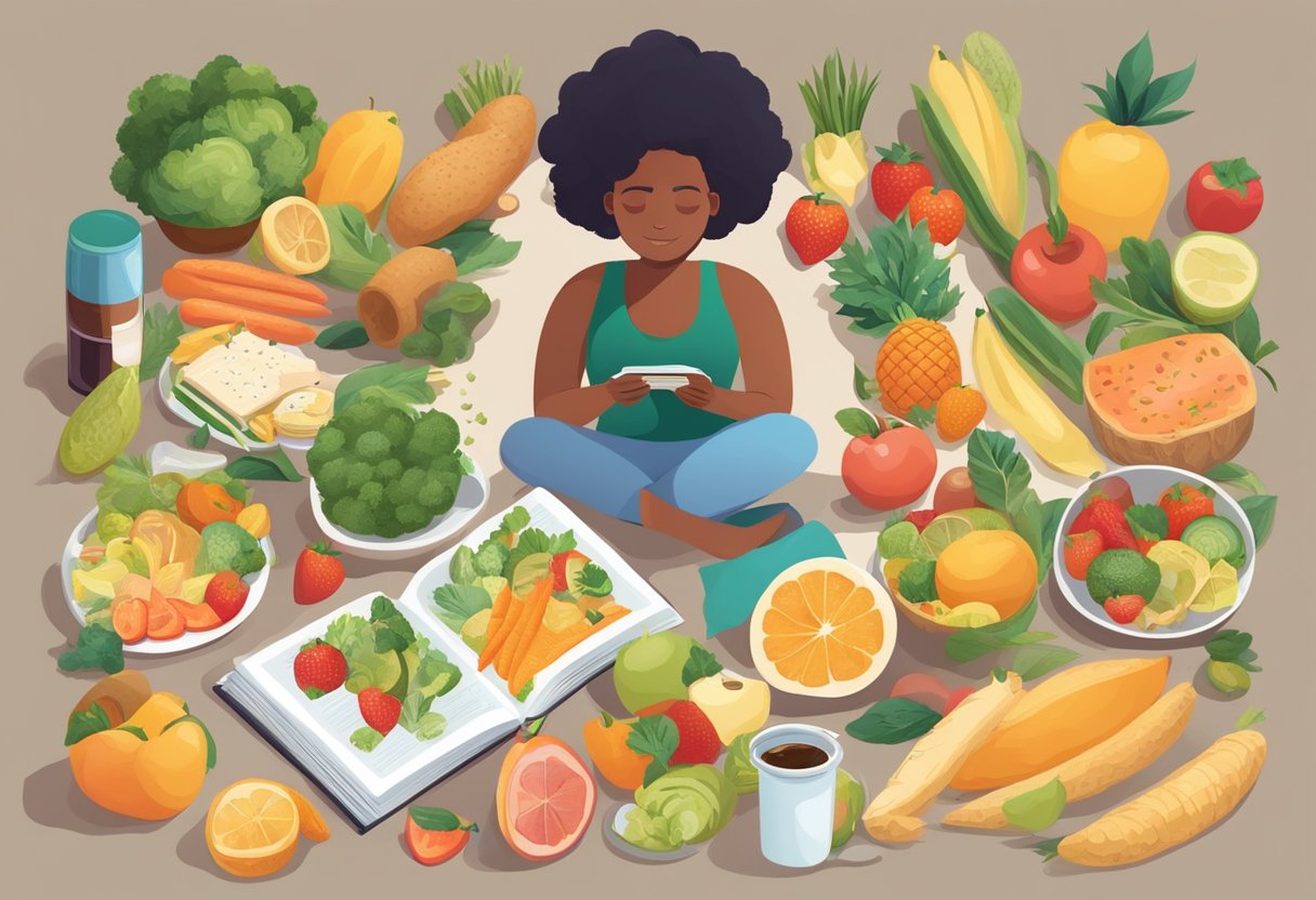 A person surrounded by healthy foods and engaging in various activities like exercise, reading, and socializing