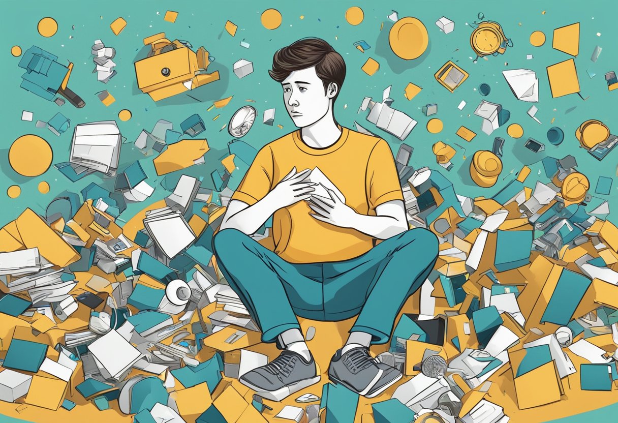 A person surrounded by scattered objects, looking confused and frustrated