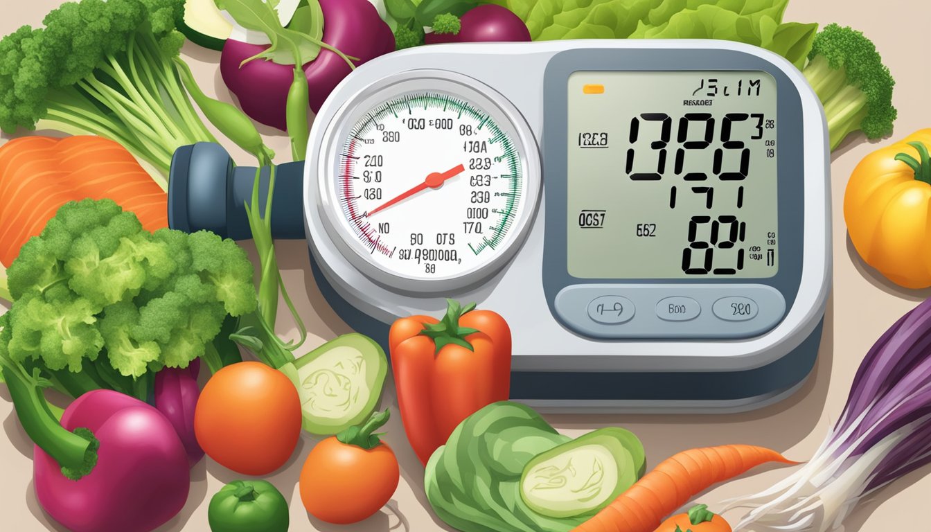 Fresh vegetables, lean proteins, and healthy fats surround a blood pressure monitor displaying optimal readings