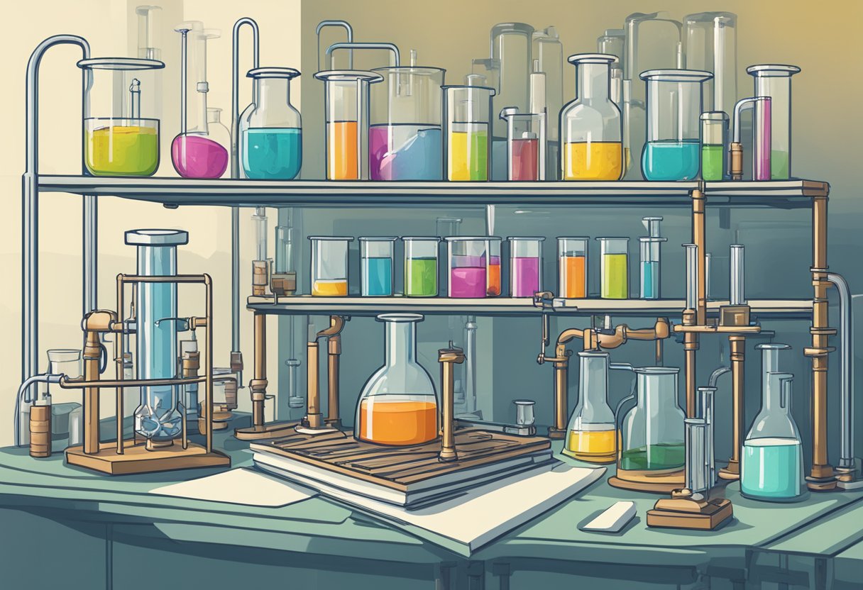 A laboratory setting with test tubes, beakers, and scientific equipment. A brain model or diagram of memory processes could be featured prominently