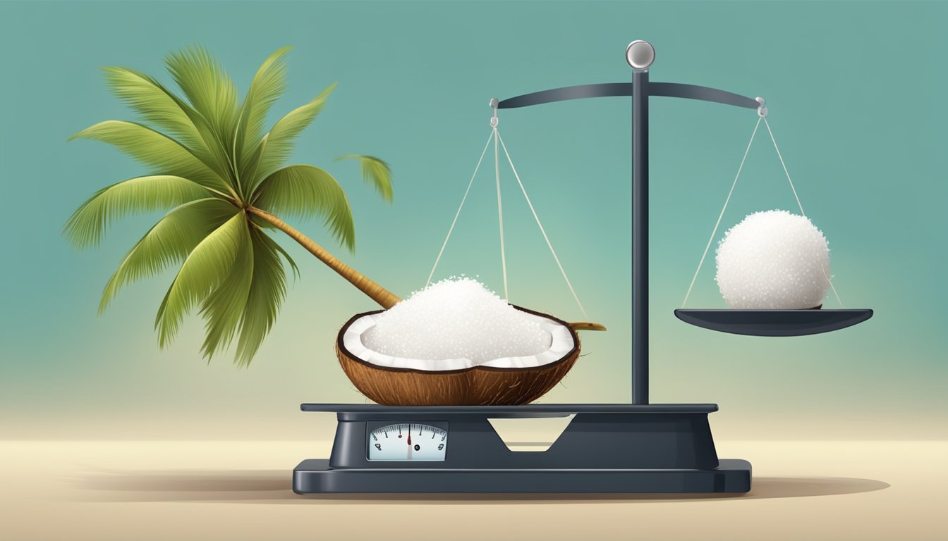 A coconut and a white sugar cube on a scale, with the coconut outweighing the white sugar, symbolizing its lower glycemic value