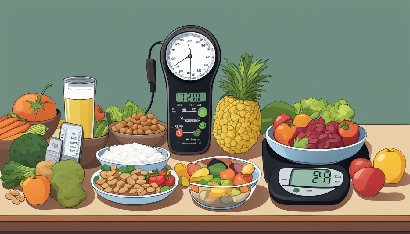 A table filled with various whole foods like fruits, vegetables, lean meats, and nuts. A blood pressure monitor sits next to the table, showing a healthy reading