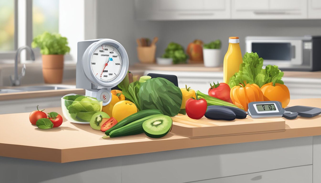 A kitchen counter with fresh fruits, vegetables, lean proteins, and healthy fats. A measuring tape and blood pressure monitor sit nearby