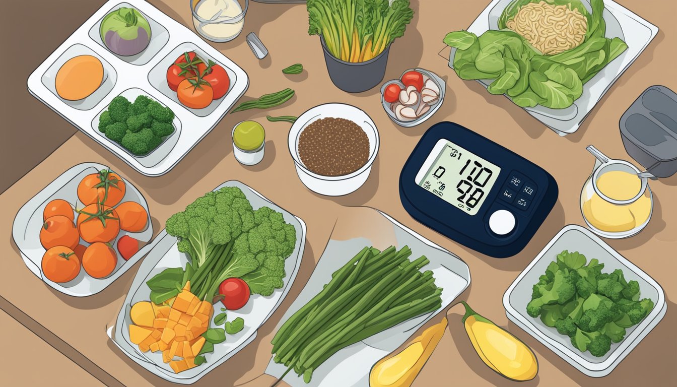 A person preparing a Whole30-compliant meal, surrounded by fresh vegetables, lean protein, and healthy fats. A blood pressure monitor sits nearby