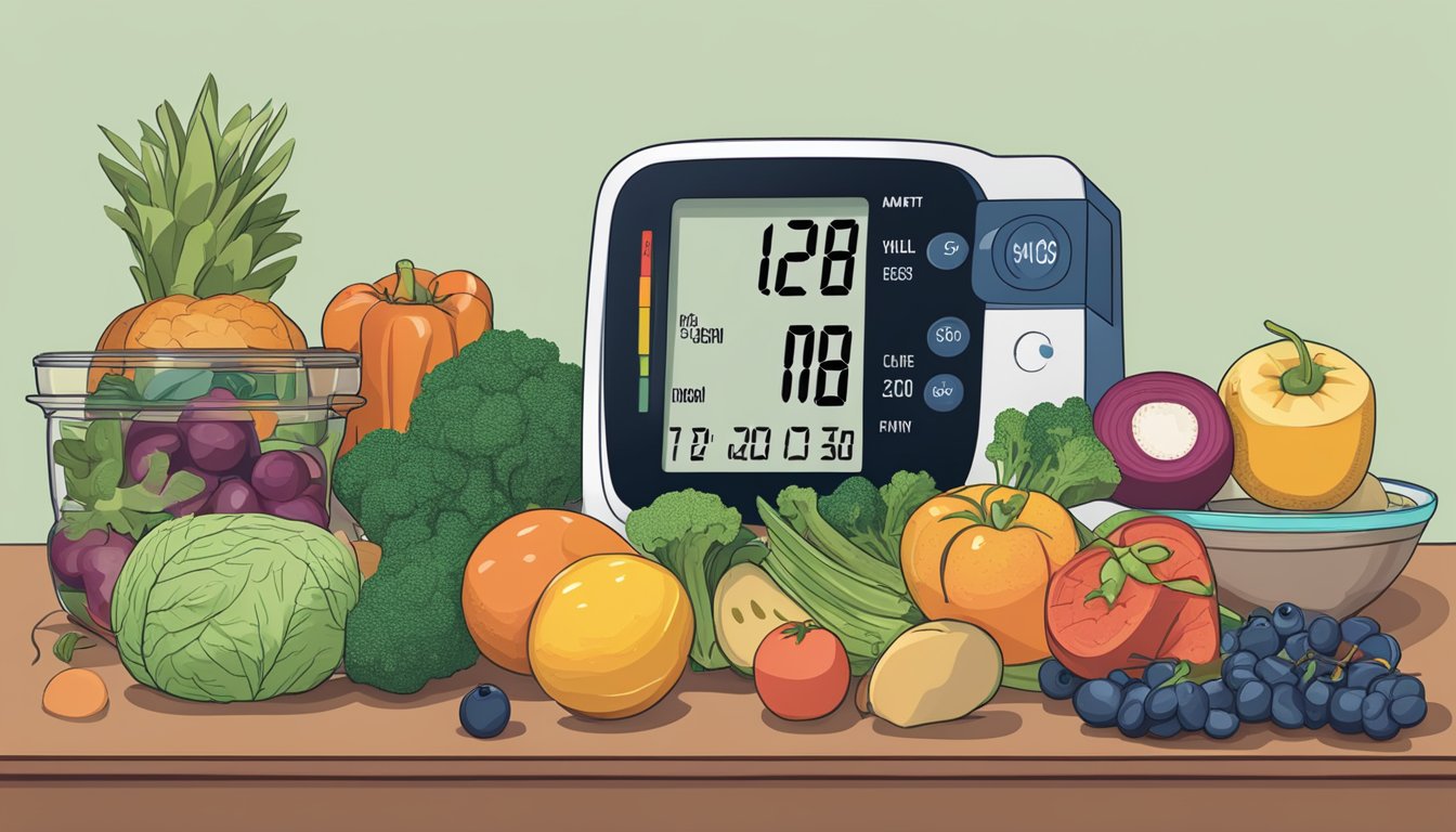 A table filled with whole30-approved foods like fruits, vegetables, and lean proteins. A blood pressure monitor sits nearby, displaying a healthy reading