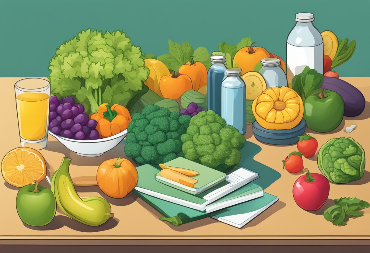 A table with various fruits and vegetables, a bottle of vitamins, and a brain-shaped puzzle on a desk