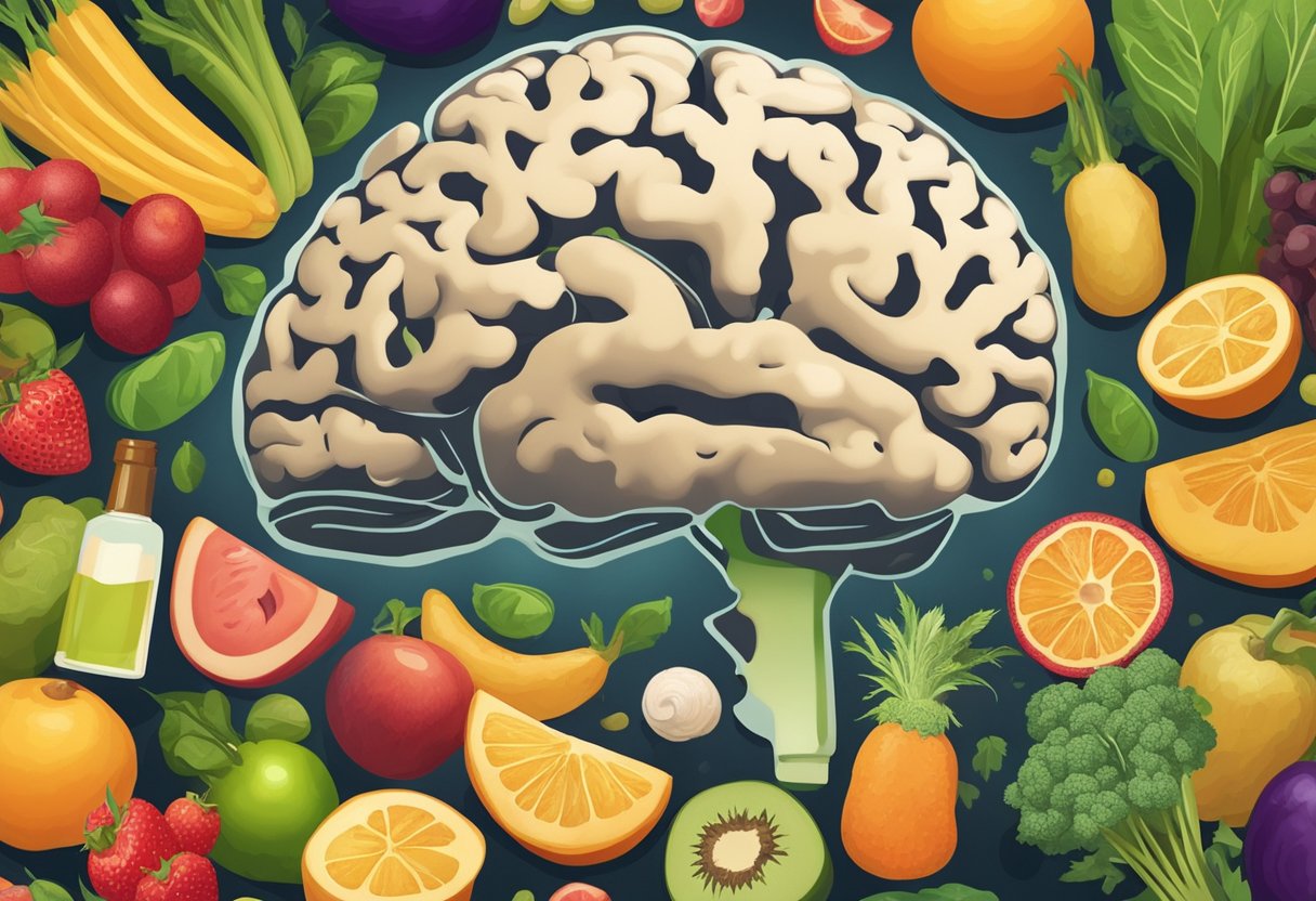 A brain surrounded by various fruits and vegetables, with a spotlight shining on a bottle of vitamin B12