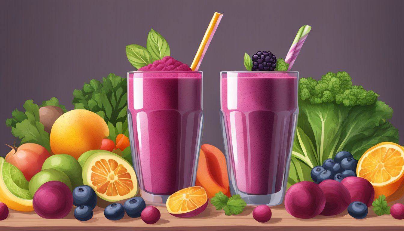 A glass of beetroot powder being mixed into a smoothie with fresh fruits and vegetables