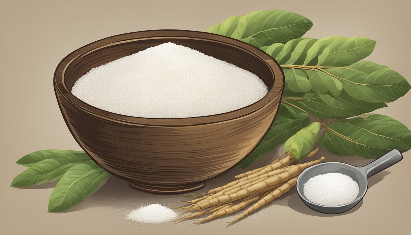 A bowl of cassava sugar sits next to a bowl of white sugar, with a pile of fresh cassava roots in the background