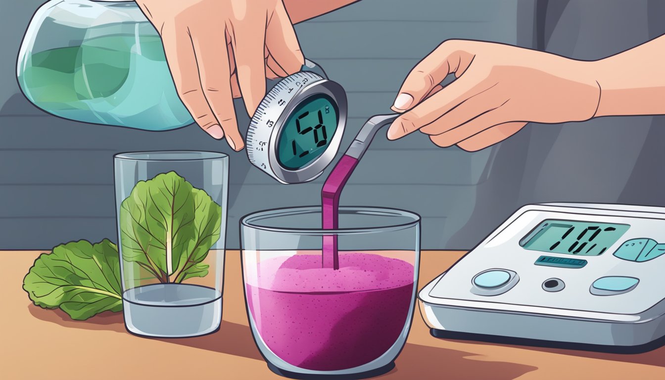 A person measuring beet powder into a glass of water with a blood pressure monitor in the background