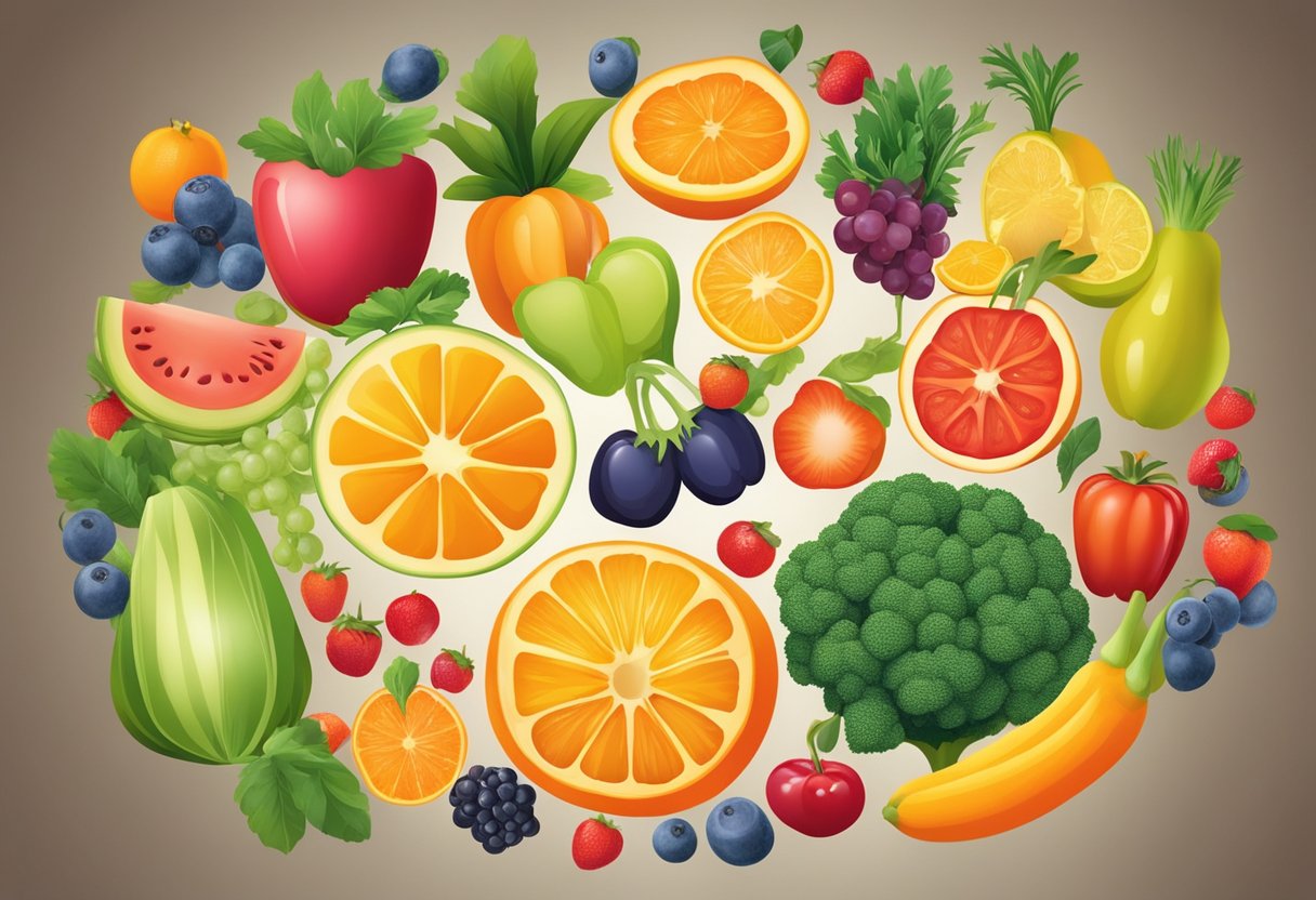 A variety of colorful fruits and vegetables arranged in a circular pattern, with a spotlight shining on a large, vibrant orange representing the best vitamin for preventing memory loss