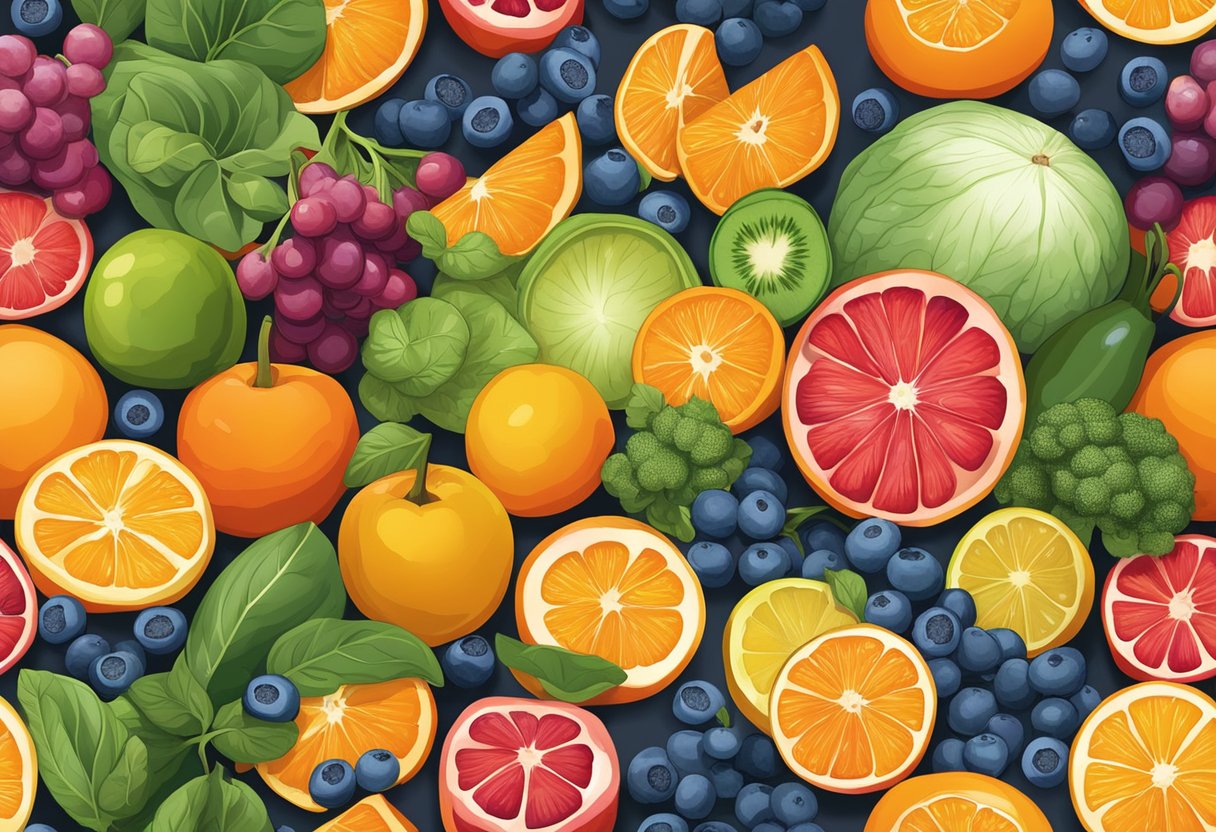 A colorful array of fruits and vegetables, including blueberries, spinach, and oranges, arranged in a vibrant and inviting display