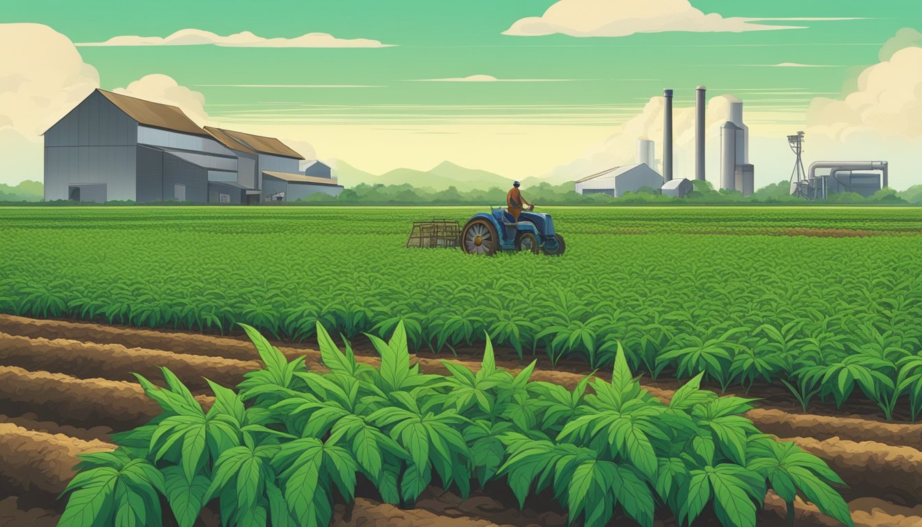 A lush cassava field with a farmer harvesting the crop, while a factory in the background processes the cassava into sugar