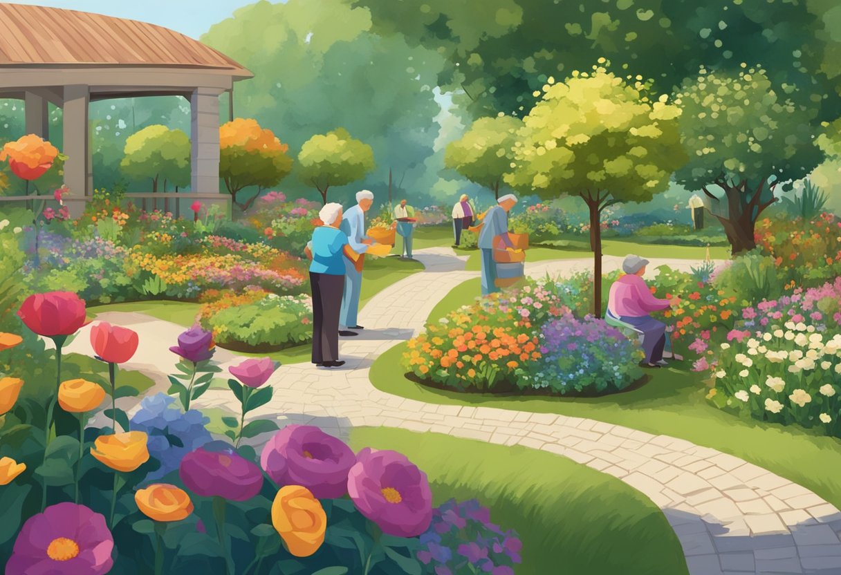 A serene garden with winding paths and vibrant flowers, surrounded by elderly individuals engaged in stimulating activities like gardening and socializing