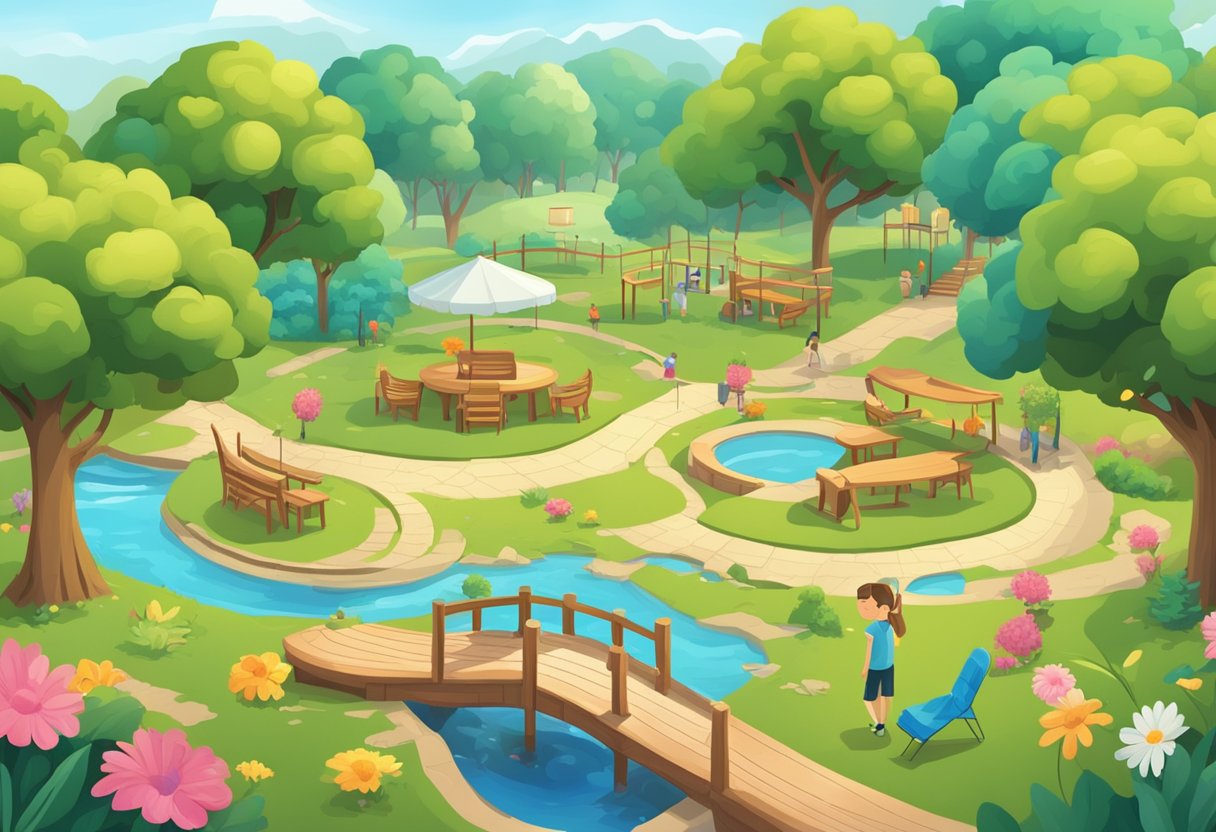 A serene park setting with a variety of challenging cognitive activities such as puzzles, word games, and memory exercises scattered throughout