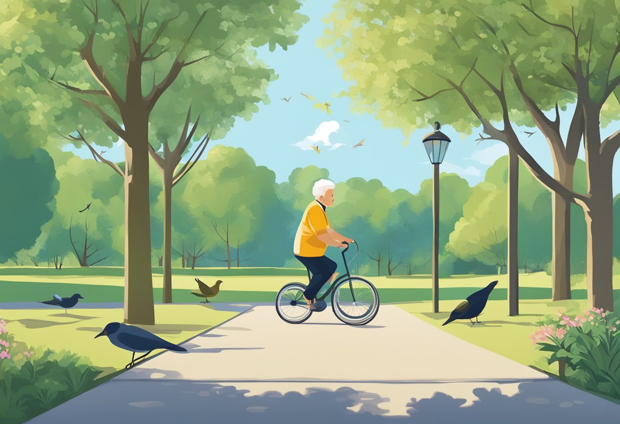 Elderly person exercising in a park, surrounded by trees and birds, with a clear blue sky overhead