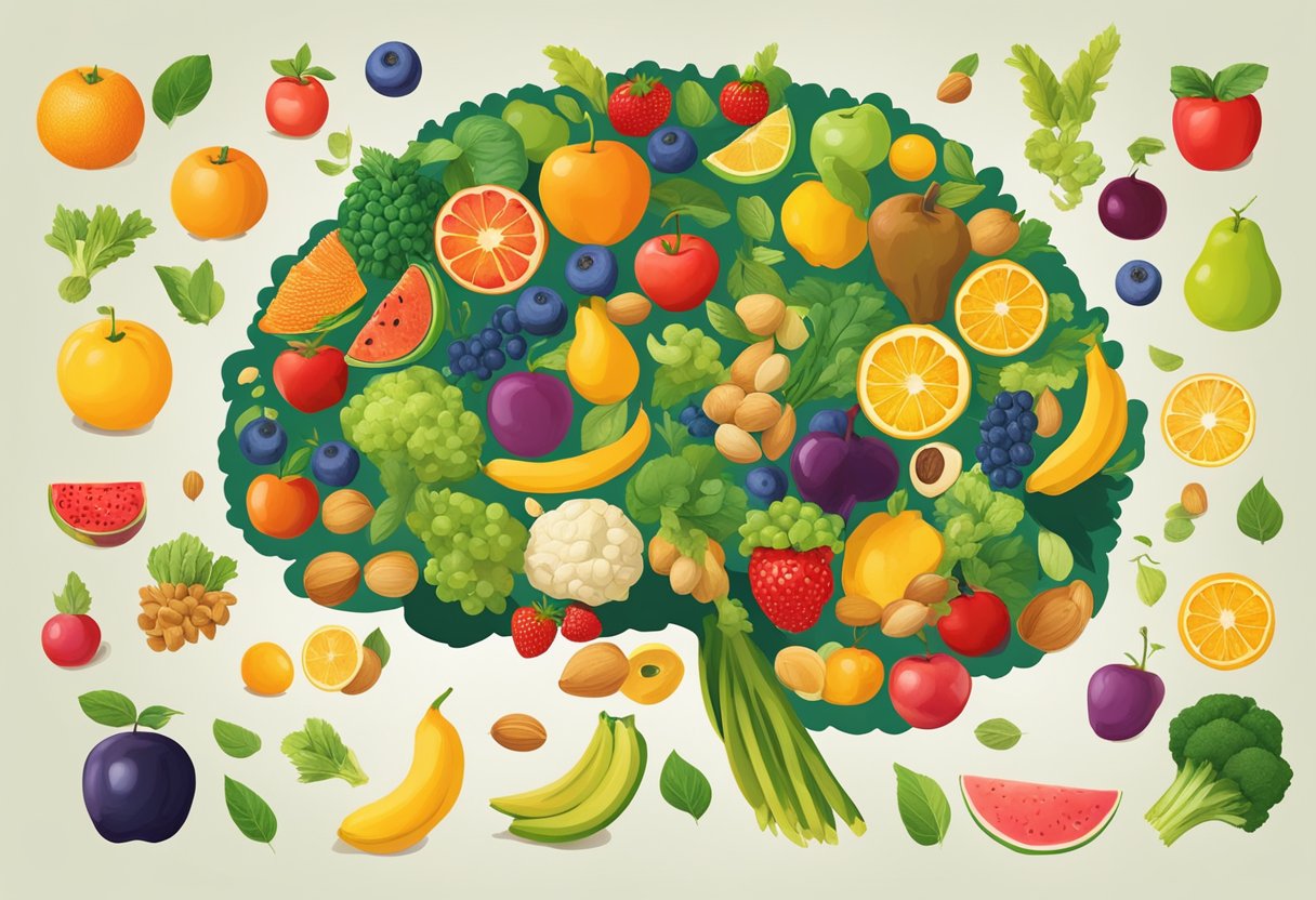 A colorful array of fruits, vegetables, nuts, and fish arranged around a brain-shaped centerpiece, symbolizing the role of nutrition in memory preservation