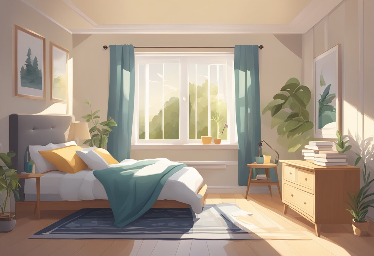 A serene bedroom with a cozy bed, a nightstand with a book on sleep, and a window with sunlight streaming in