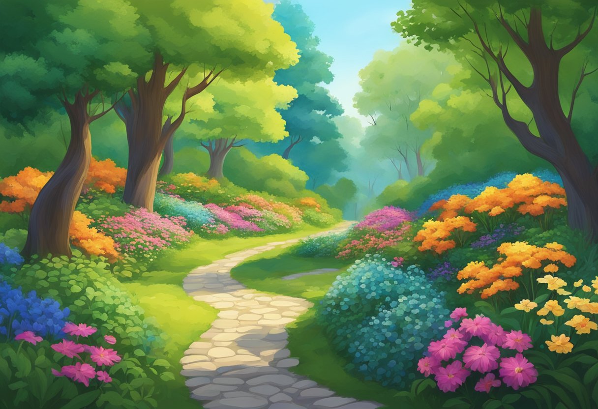 A serene forest with a winding path leading to a vibrant garden filled with colorful flowers and lush greenery, surrounded by tall trees and a clear blue sky above