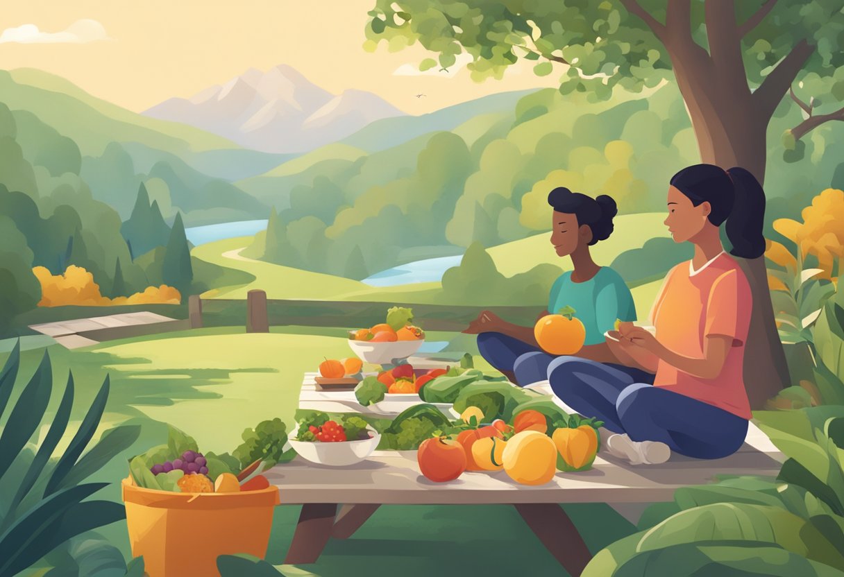 A serene outdoor setting with a person engaging in physical activity, surrounded by healthy food and engaging in mental exercises