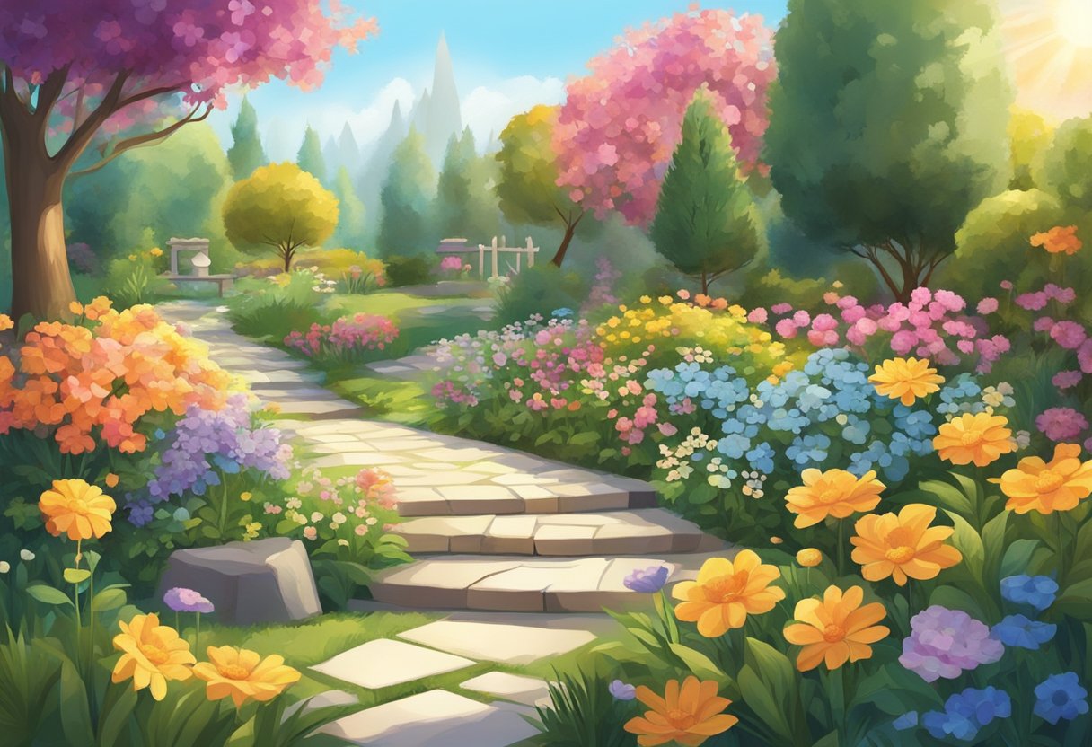 A serene garden with colorful flowers and winding paths, surrounded by books and puzzles, with a bright sun shining down