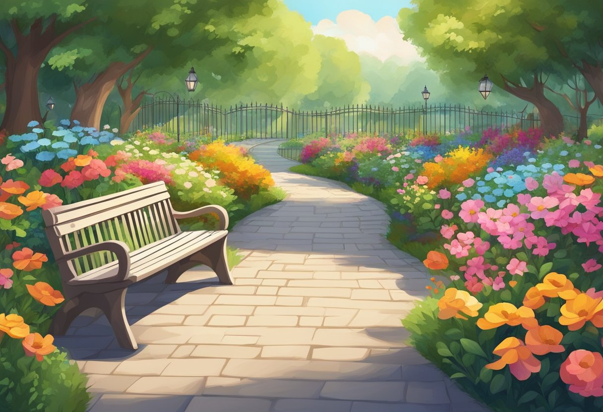 A serene garden with winding paths and colorful flowers, surrounded by a protective fence and filled with benches for relaxation and socialization