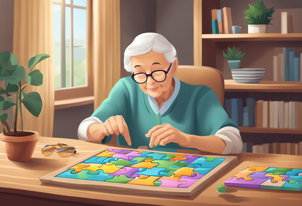 A serene elderly person engaging in stimulating activities like puzzles and exercise to prevent memory loss