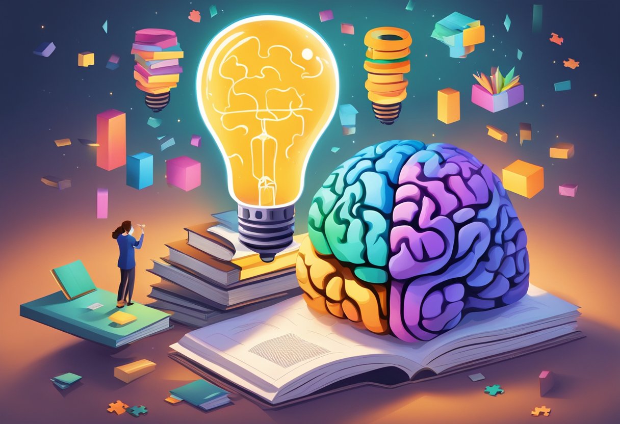 A colorful brain-shaped puzzle being solved by a pair of floating hands, surrounded by books, puzzles, and a glowing lightbulb