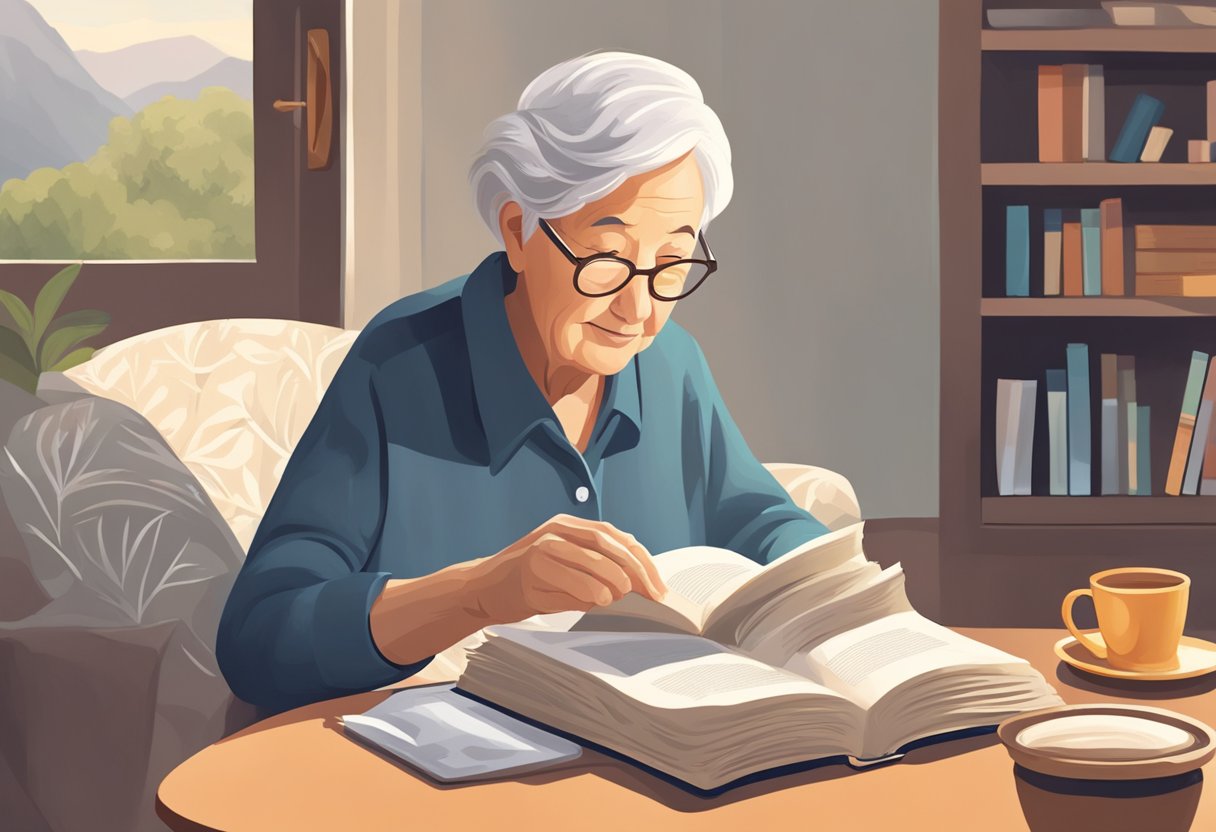 A serene elderly person engaging in daily activities like reading, exercising, and socializing to prevent memory decline