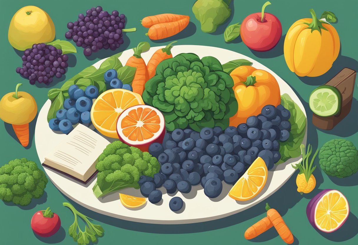 A table with colorful fruits and vegetables, including blueberries, spinach, and broccoli, surrounded by books and a brain-shaped puzzle