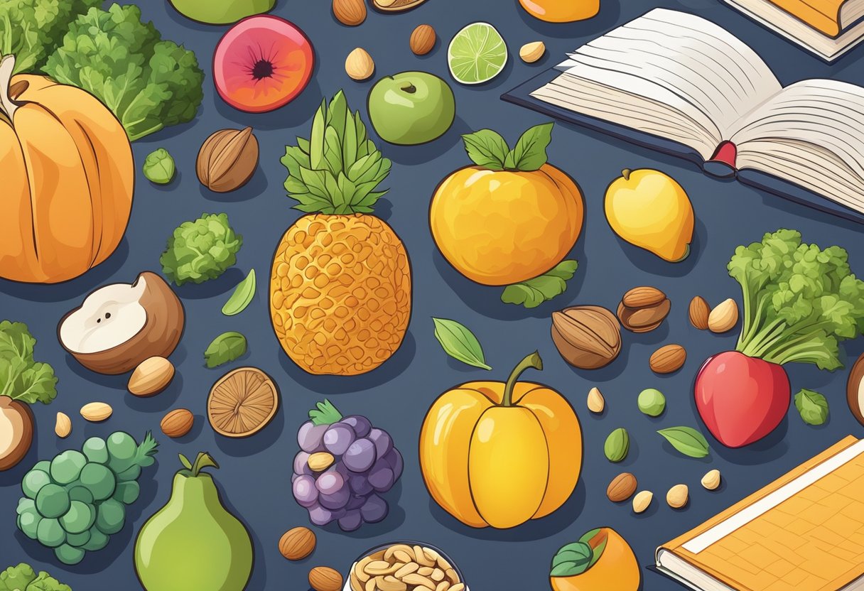 A table set with colorful fruits, vegetables, and nuts, surrounded by books and a brain-shaped diagram