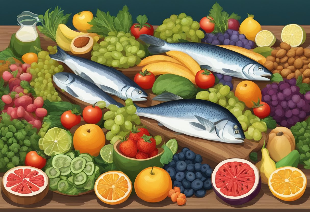 A table filled with colorful fruits, vegetables, nuts, and fish, symbolizing the role of diet in memory preservation