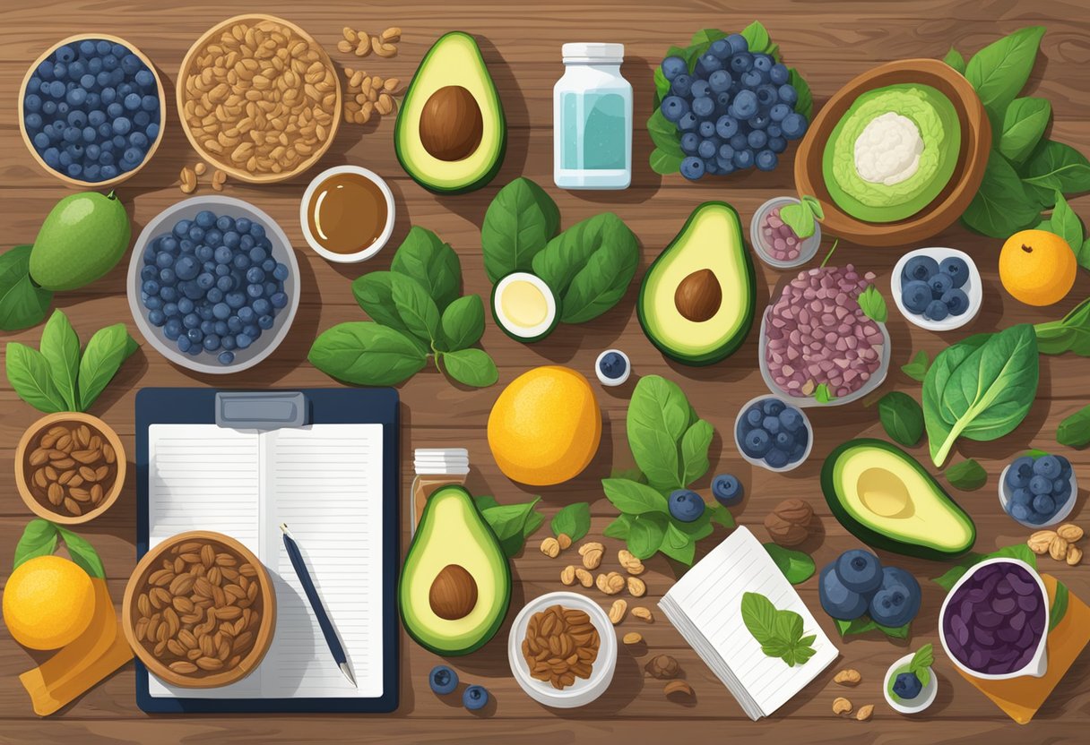 A colorful array of superfoods such as blueberries, spinach, walnuts, and avocados arranged on a wooden table, surrounded by scattered open books and a brain-shaped puzzle