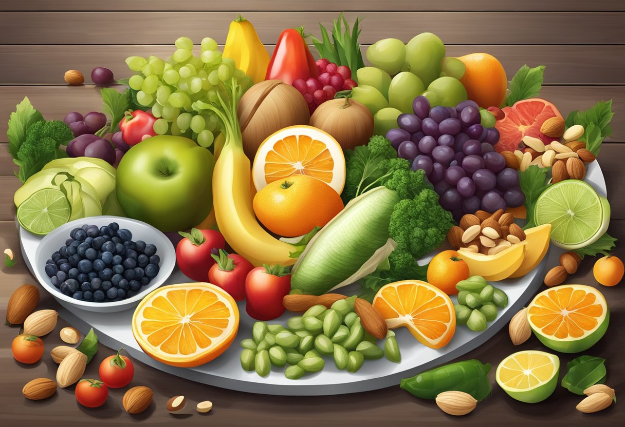 A table with colorful fruits, vegetables, nuts, and fish arranged in a balanced and appealing manner