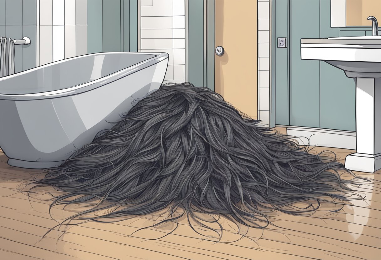 A pile of loose hair on a pillow, with strands scattered on a bathroom floor