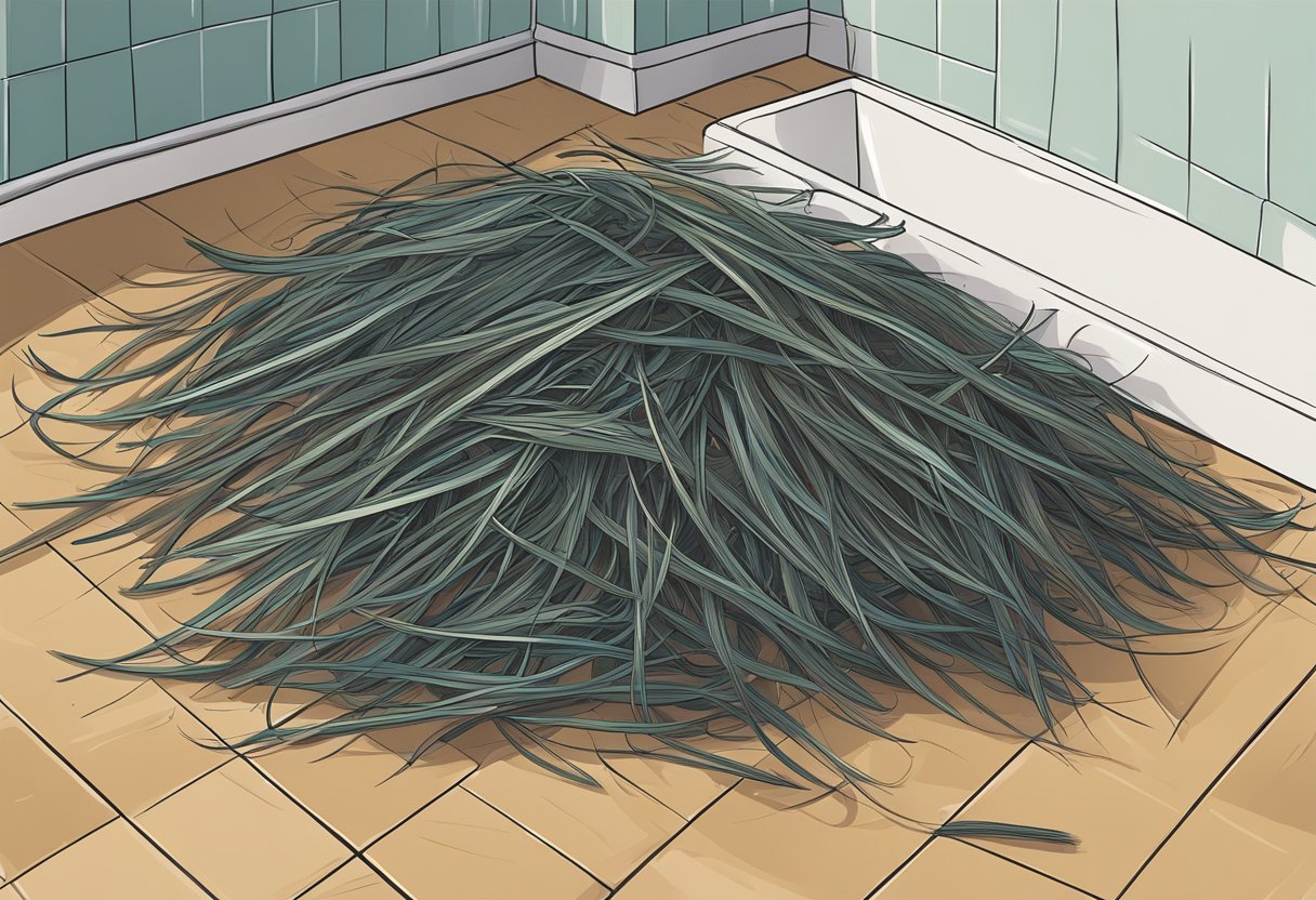 A pile of fallen hair strands on a bathroom floor