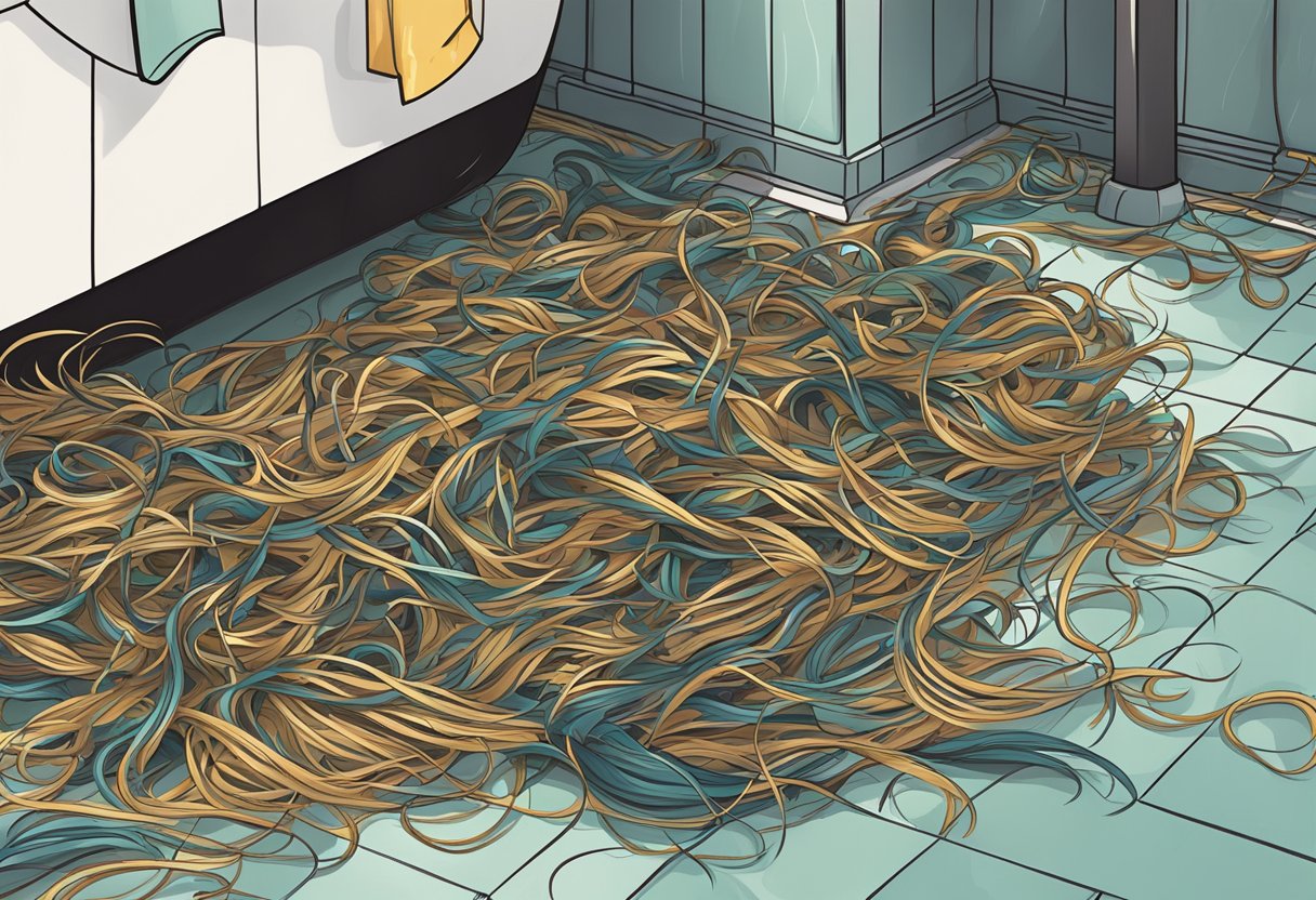 A pile of loose hair strands scattered on a bathroom floor