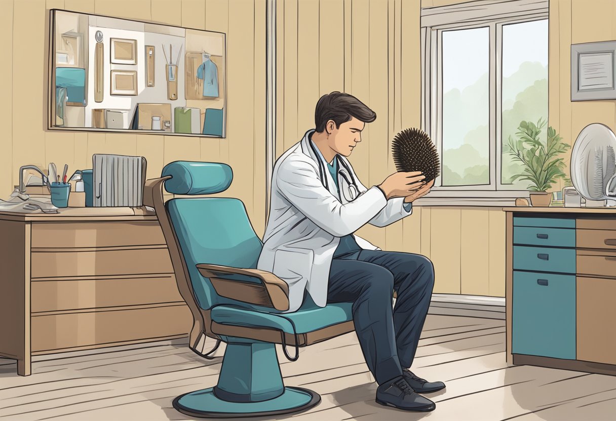 A person sitting in a chair while a doctor examines a hairbrush filled with fallen hair