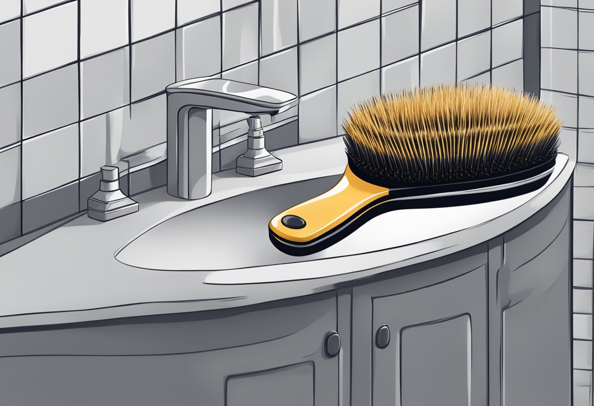 A woman's hairbrush with a small amount of hair tangled in the bristles, resting on a bathroom vanity