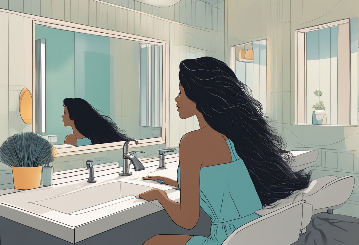 A woman's silhouette with scattered hair strands and a hairbrush on a bathroom counter