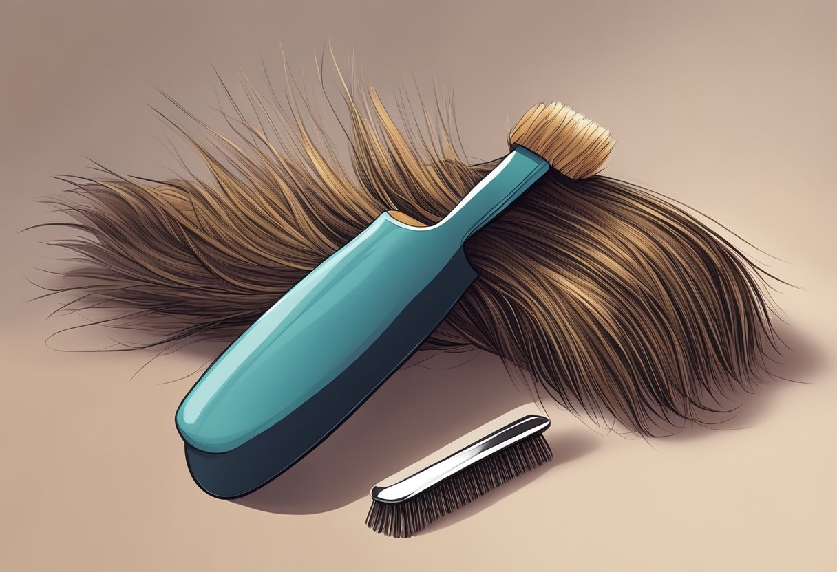 A pile of fallen hair strands next to a hairbrush and a few loose hairs on a pillow